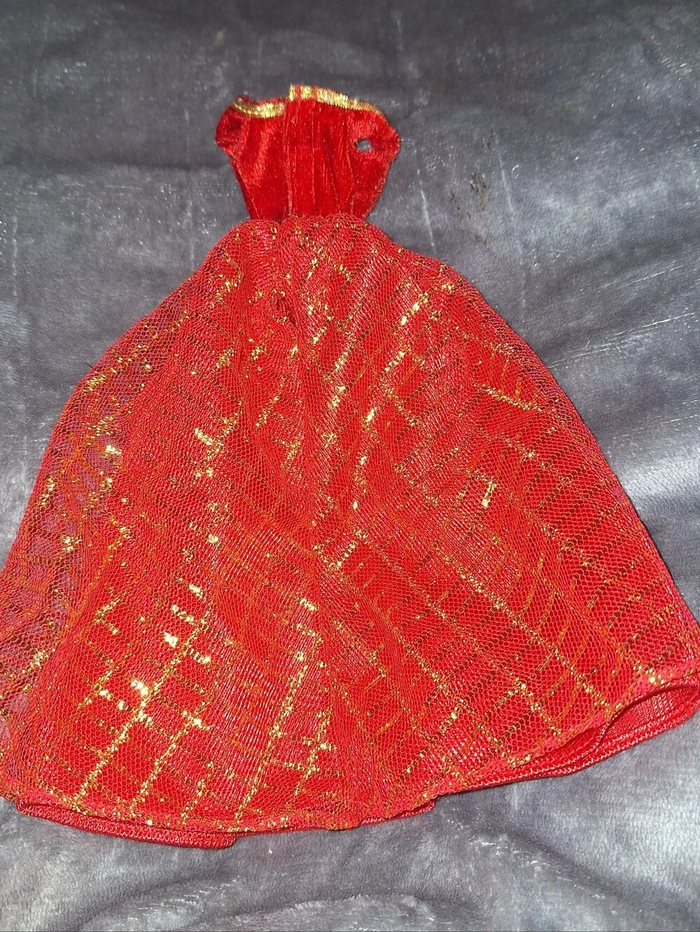 Vintage Barbie Dress~Ball Gown~Red & Gold~Metallic Mesh~Mattel~80s/90's